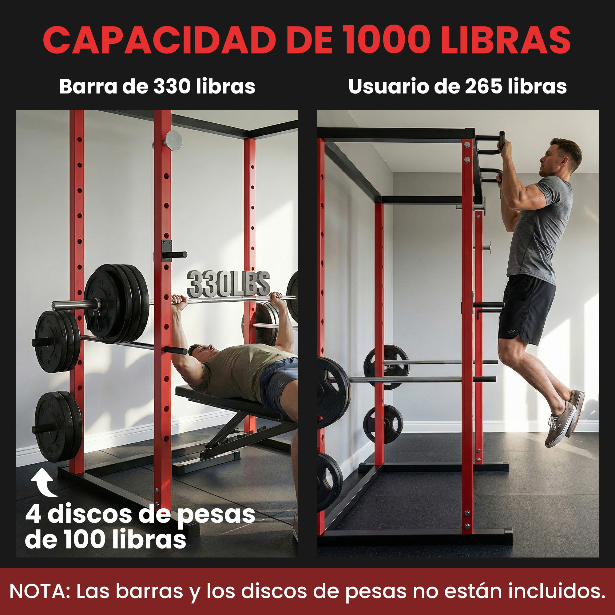 Jaula de Potencia Musculación, Rack para Sentadillas con Barra de Dominadas, Estación de Fondos Ajustable en Altura, Soporte de Barra Regulable, para Casa Gimnasio, Carga 460 kg