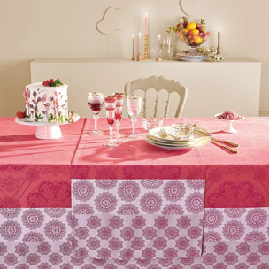 Chemin de table pur coton motif jacquard rose Mille rosaces framboise