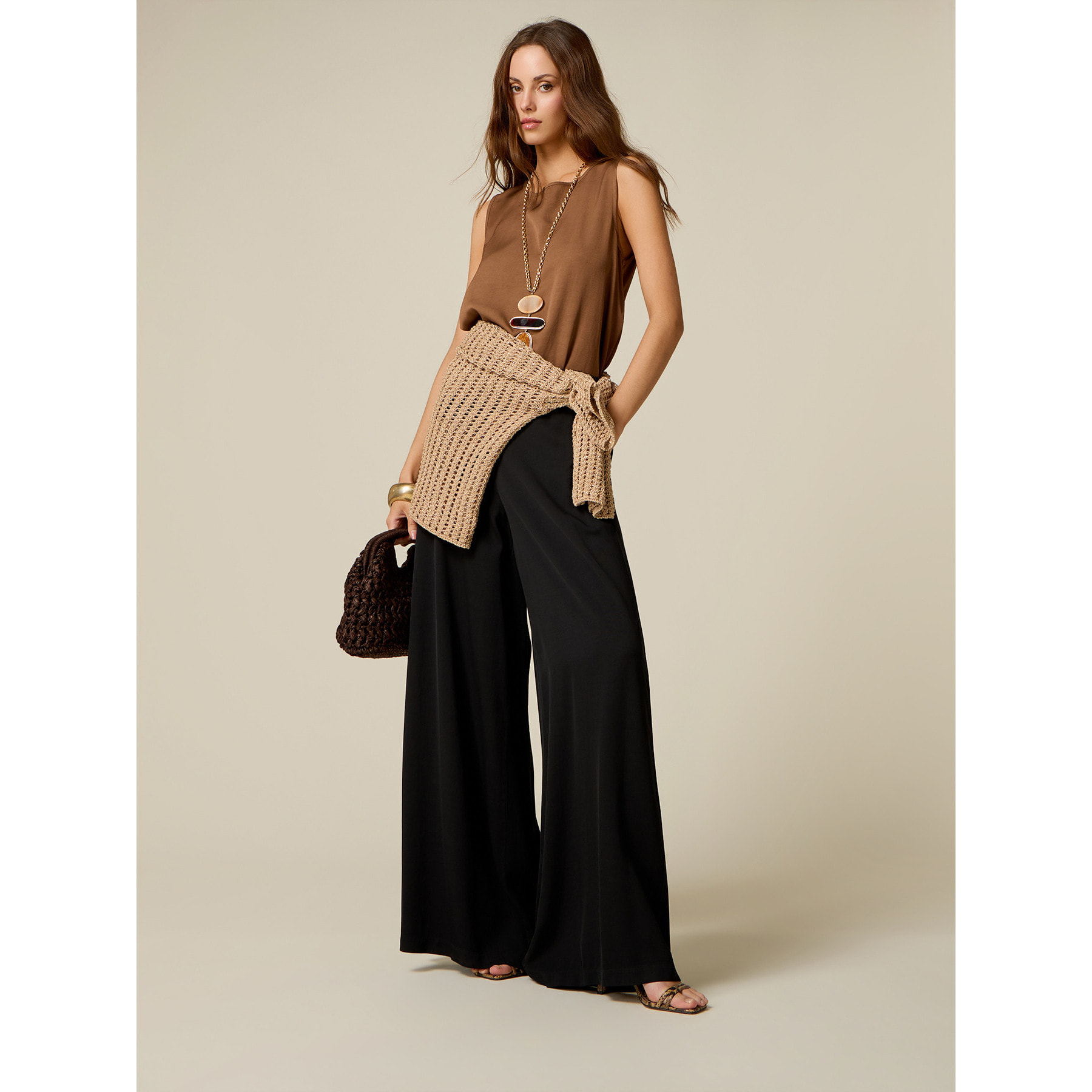 Oltre - Pantalones palazzo mezcla de lino - Negro