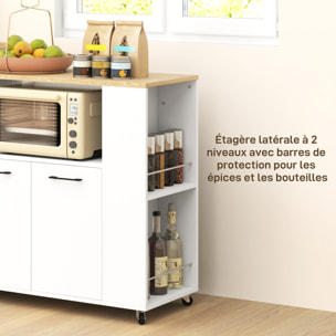 Desserte de cuisine multi-rangement 2 portes, étagère, niche, plateau, 2 porte-épices blanc aspect chêne clair