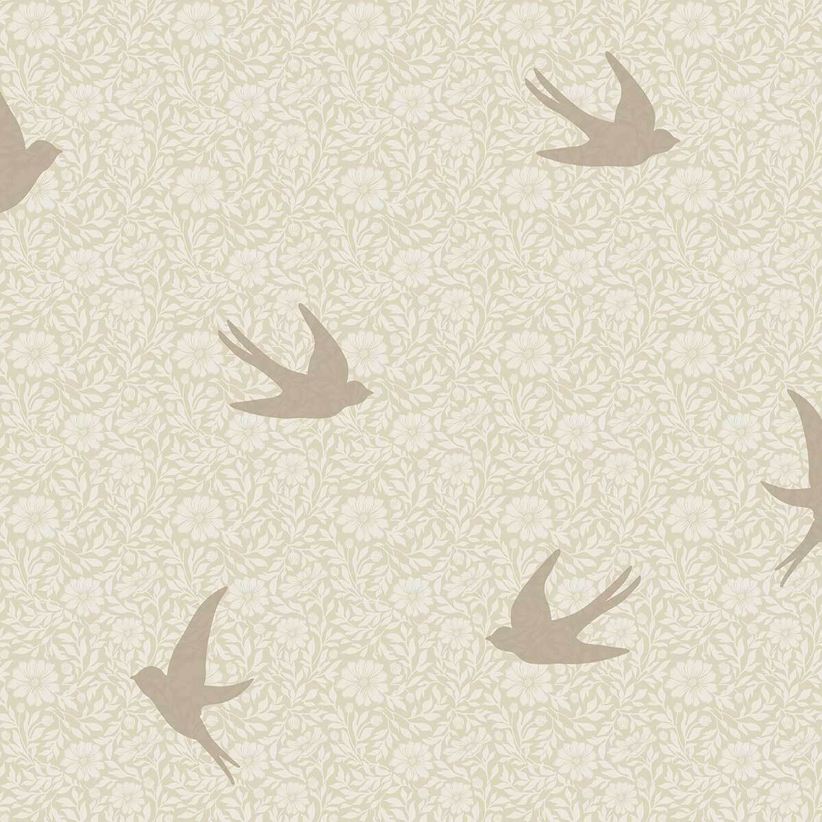 Papier peint hirondelles florales fond beige lin