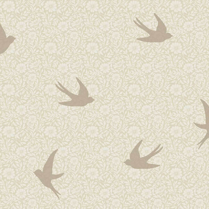 Papier peint hirondelles florales fond beige lin