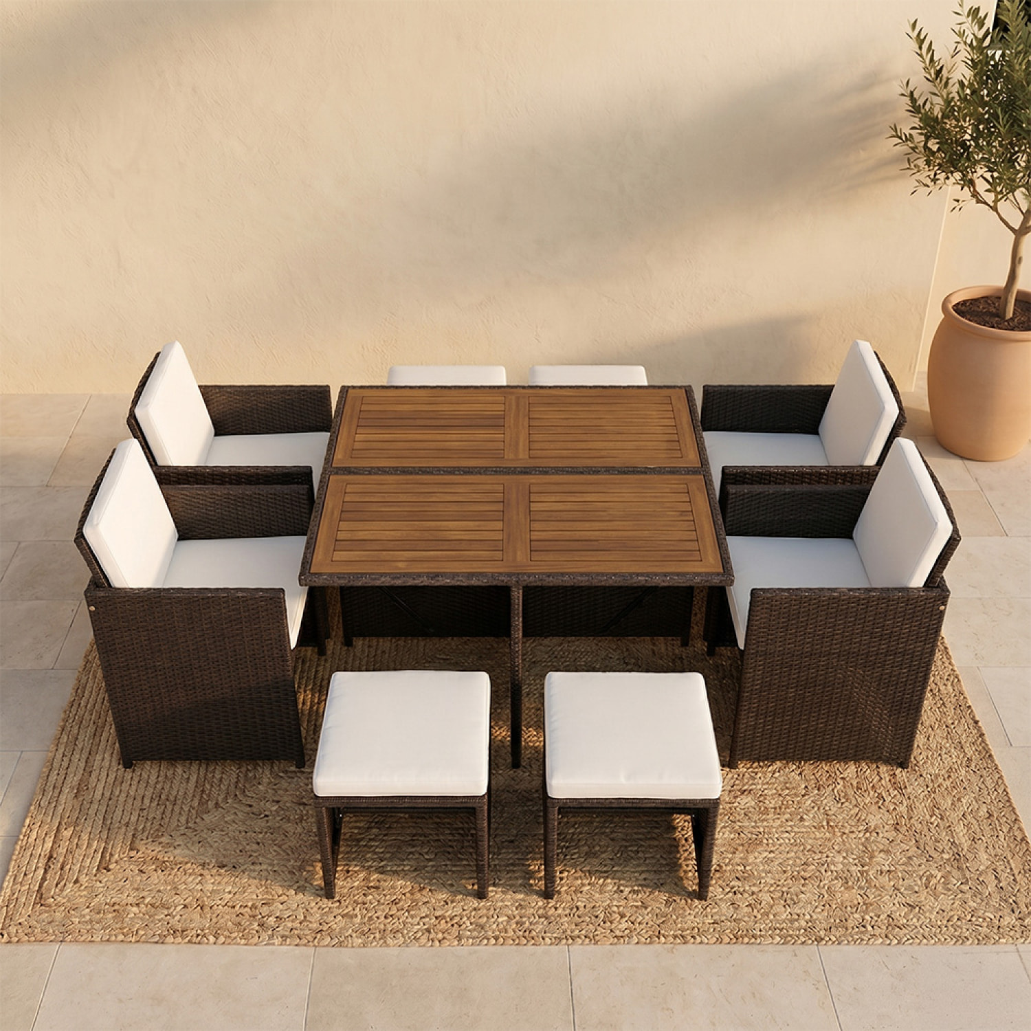 Salon de jardin 8 pl en résine marron et coussins beige + housse CASCO