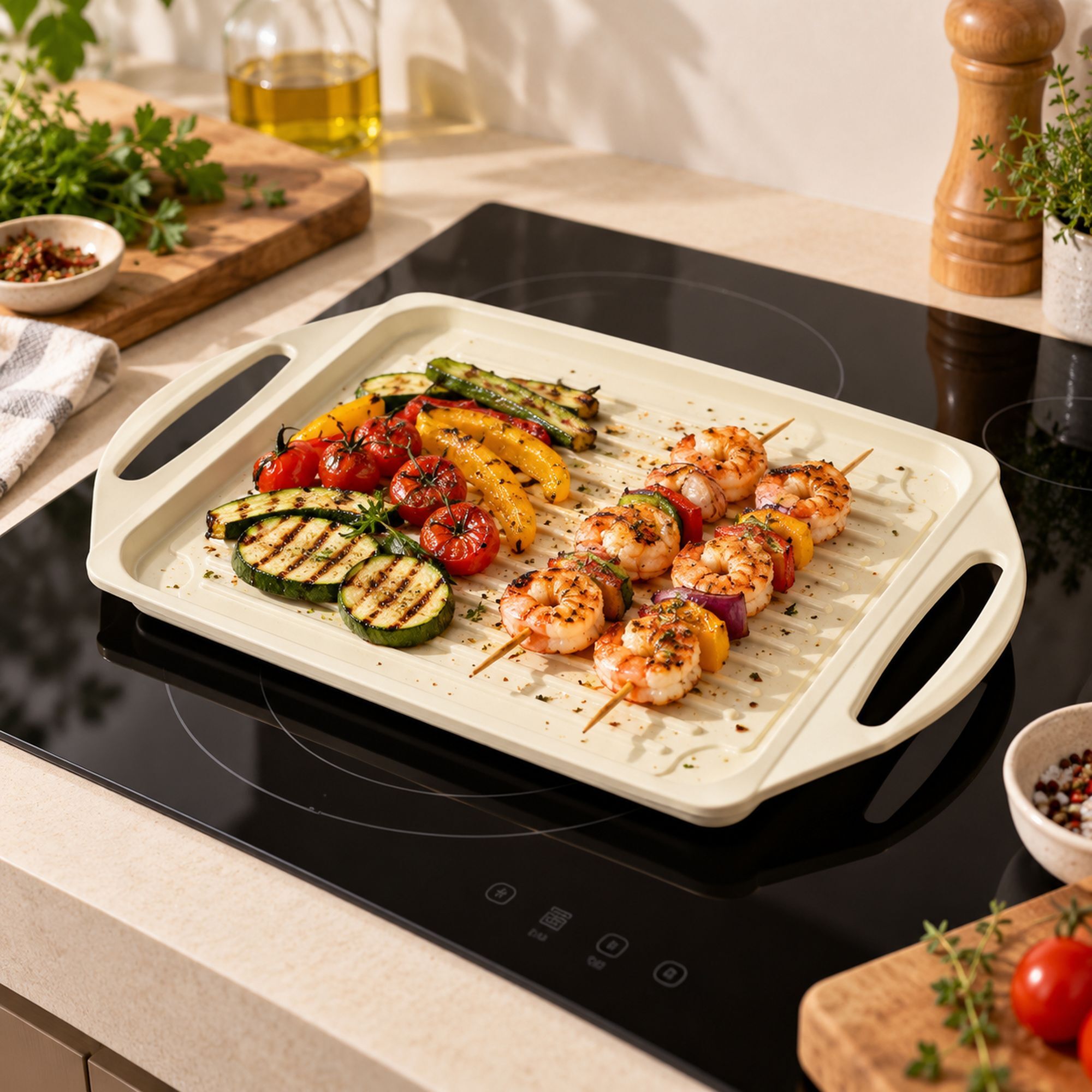 Plaque cuisson 44x27cm en fonte aluminium crème induction avec grille