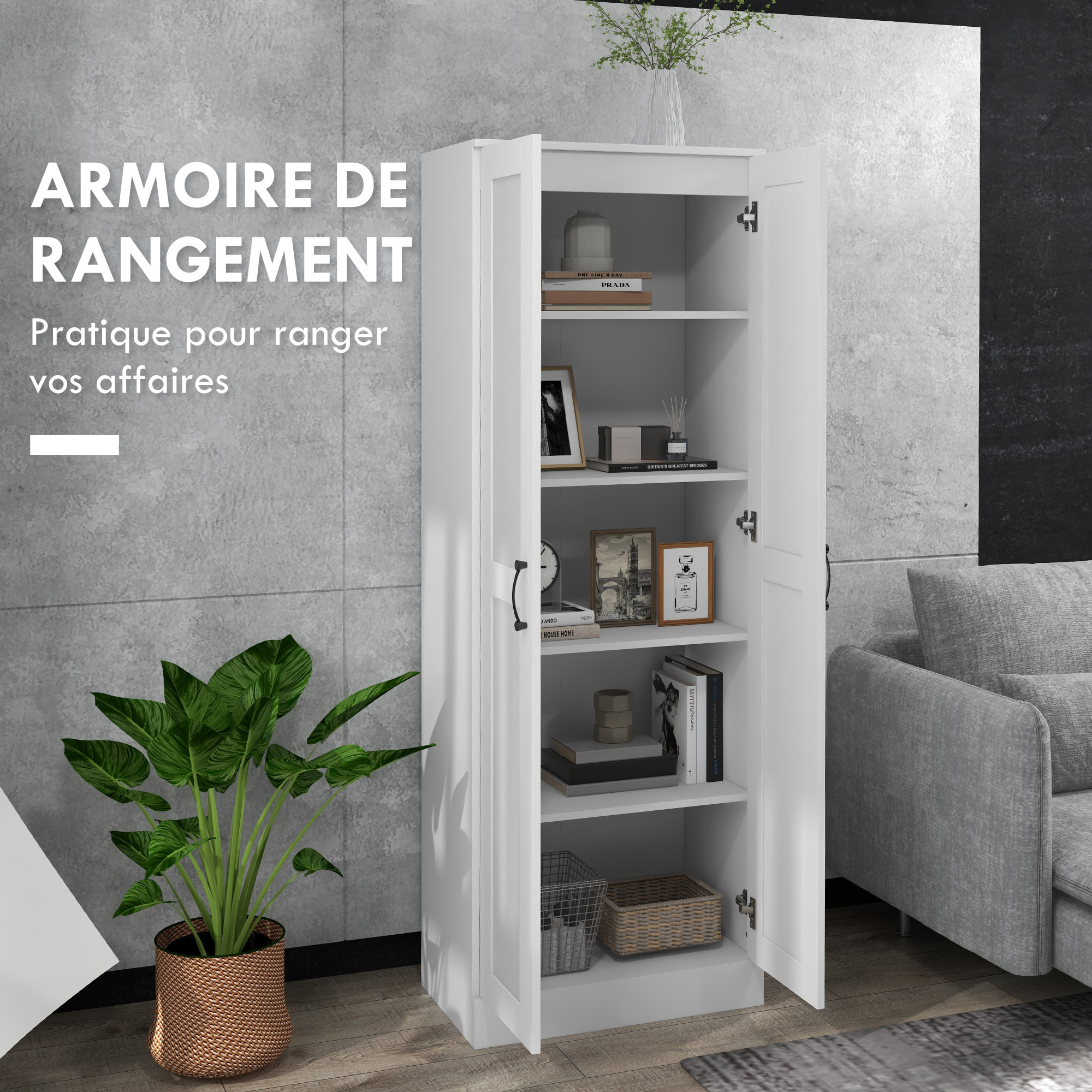 Armoire 2 portes 4 étagères dim. 60L x 36,5l x 175H cm poignées métal noir panneaux blanc