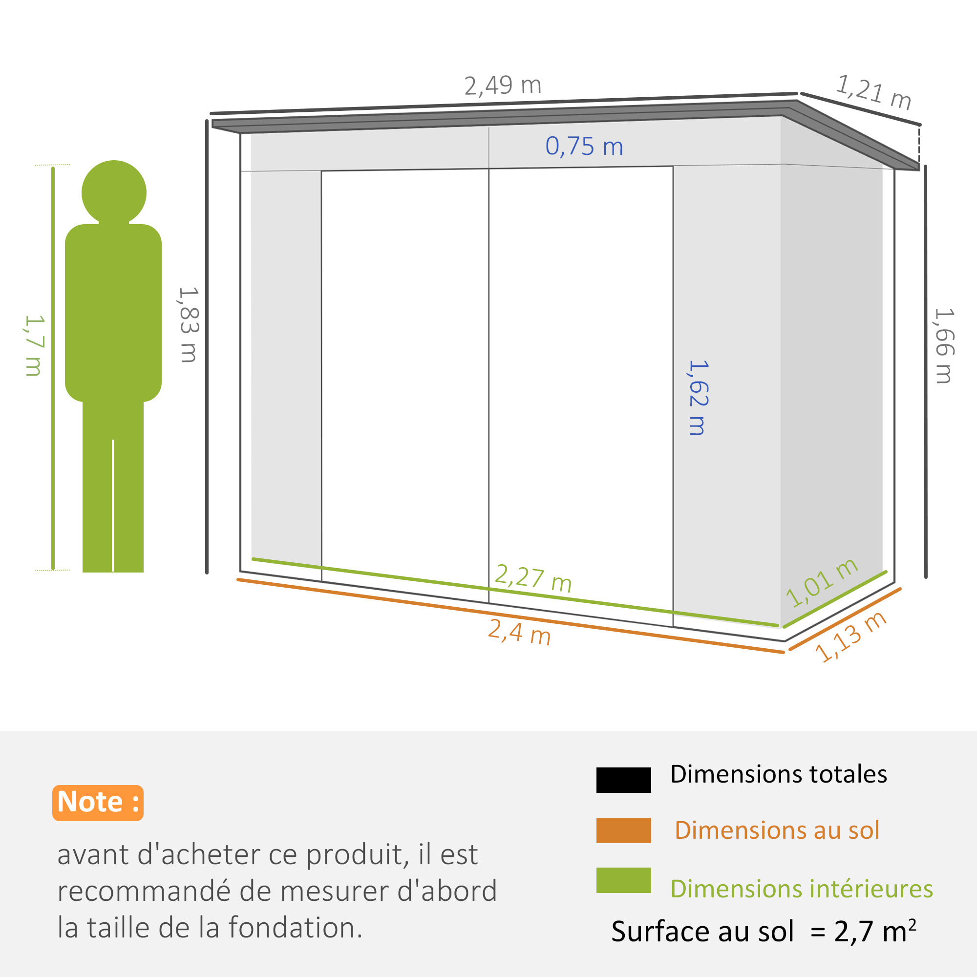 Abri de jardin 3 m² tôle d'acier 2 portes verrouillables 2 évents toit incliné gris clair