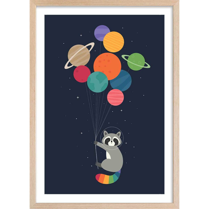 Affiche enfant raton dans la galaxie  Affiche + cadre en bois - Chêne