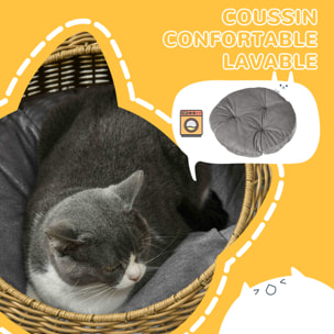 Niche pour chat lit pour chat panier de chat en résine tressée imitation rotin coussin doux déhoussable Ø 50 x 31H cm marron clair