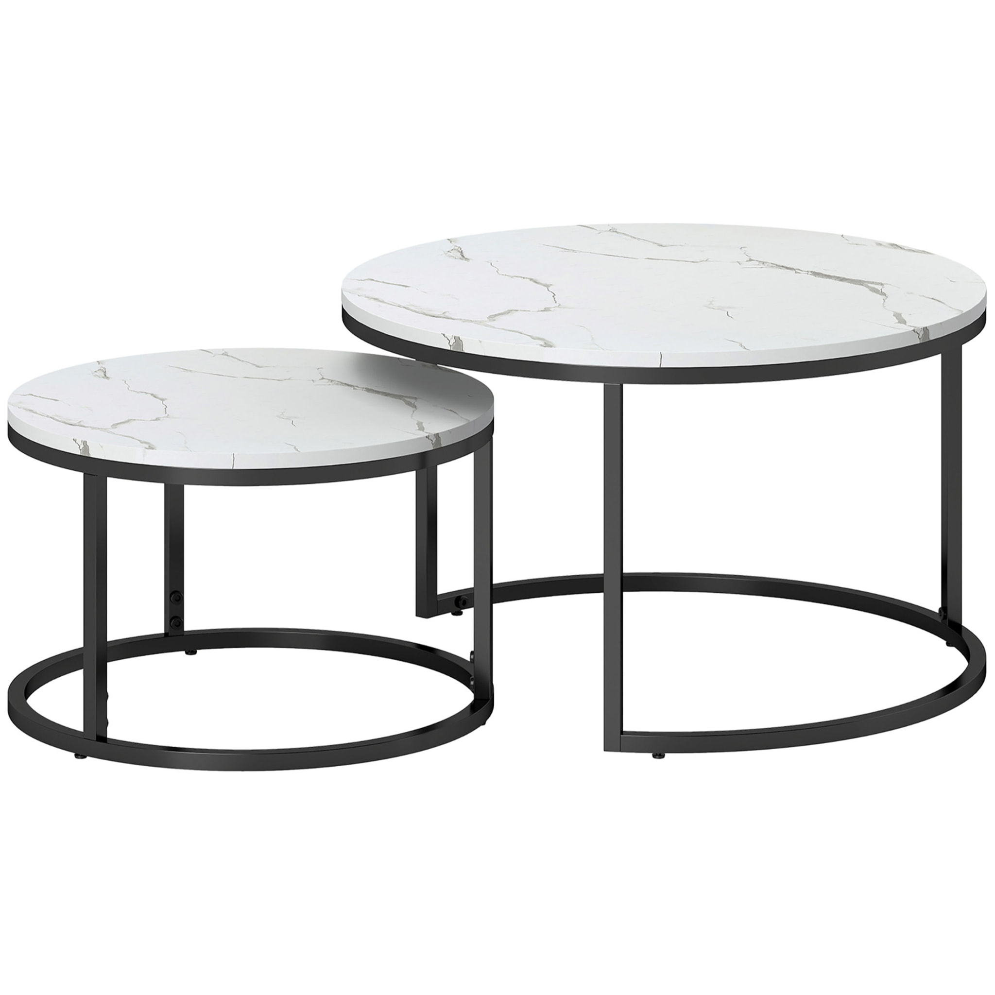 Lot de 2 tables basses rondes gigognes empilables piètement acier noir plateau aspect marbre blanc