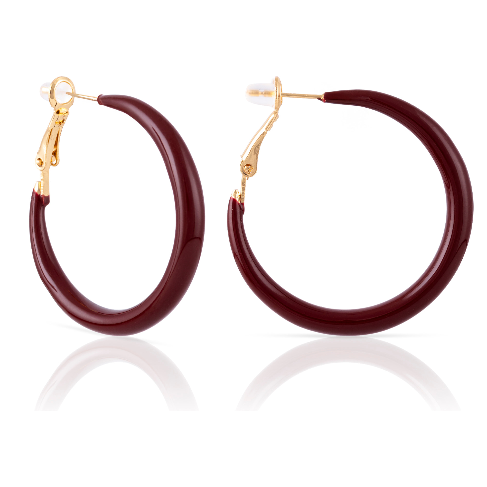 Pendientes de aro liso de cobre con recubrimiento electroplateado color granate, 36 mm, cierre catalán de plata de ley 925 con acabado dorado electroplateado.