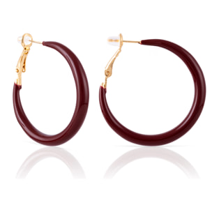 Pendientes de aro liso de cobre con recubrimiento electroplateado color granate, 36 mm, cierre catalán de plata de ley 925 con acabado dorado electroplateado.