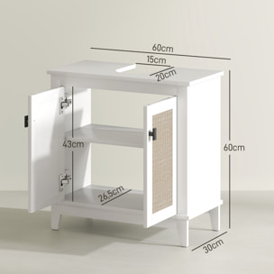 Mueble para Debajo del Lavabo Armario de Baño con Pie con 2 Puertas de Ratán PE 2 Estantes y Sistema Antivuelco para Cuarto Baño 60x30x60 cm Blanco