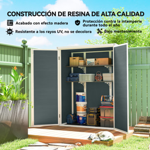 Caseta de Jardín Exterior, 0,81 m², 134x68,5x170 cm, Cobertizo de Jardín Exterior de Plástico con Suelo, 2 Estantes Plegables, Puertas Dobles con Pestillo para Almacenaje Herramientas, Gris