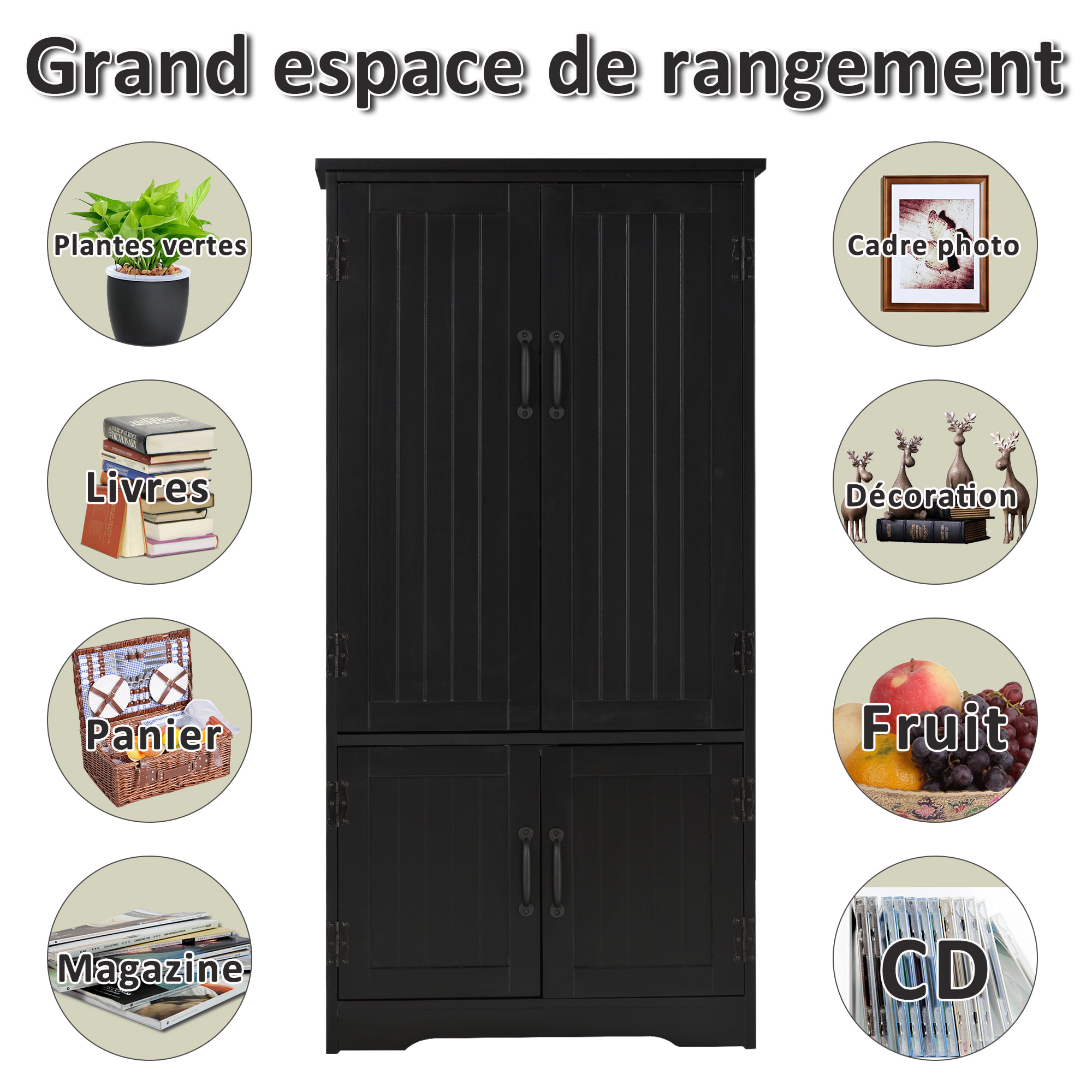 Armoire de cuisine contemporaine multi-rangements 2 placards 3 étagères MDF panneaux particules noir