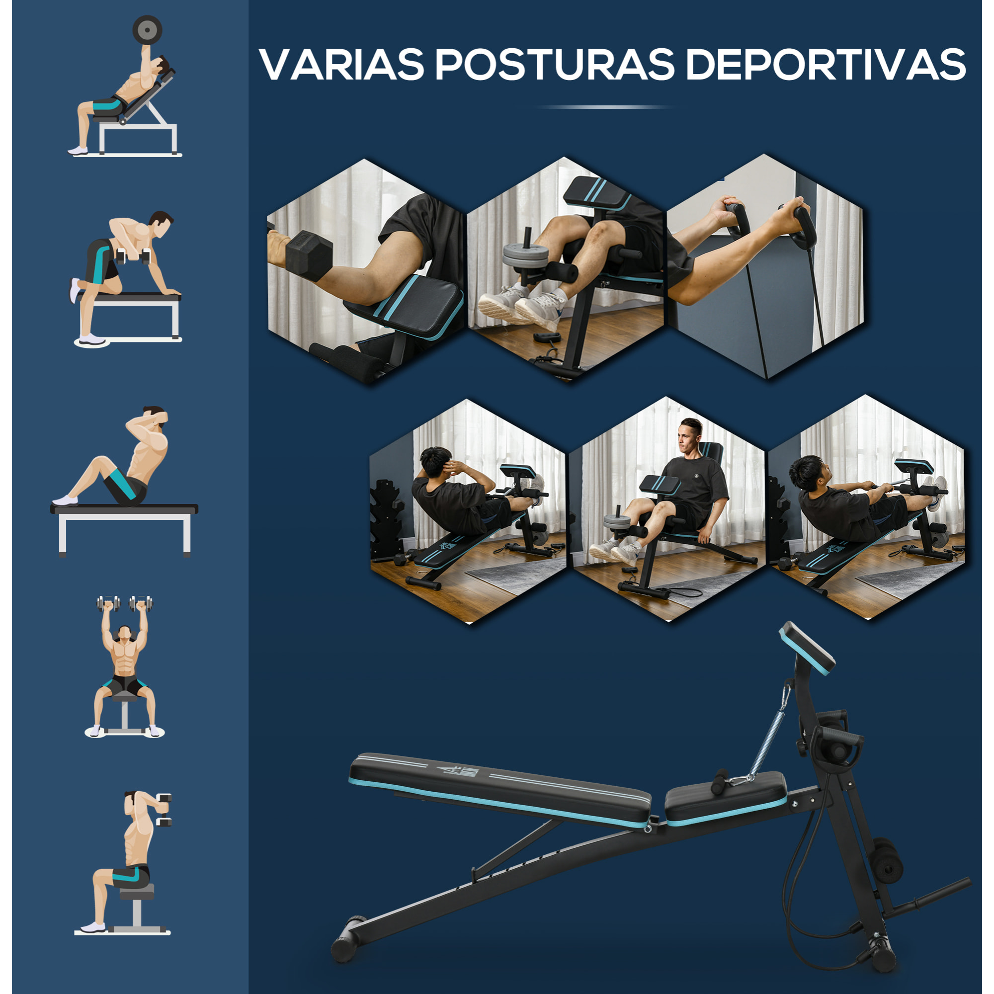 Banco de Musculación Plegable, Banco de Pesas, Respaldo Inclinable de 7 Niveles, Extensión de Pierna, Cojín de Predicador, Banda de Resistencia, para Entrenamiento Completo, Casa Gimnasio, Azul