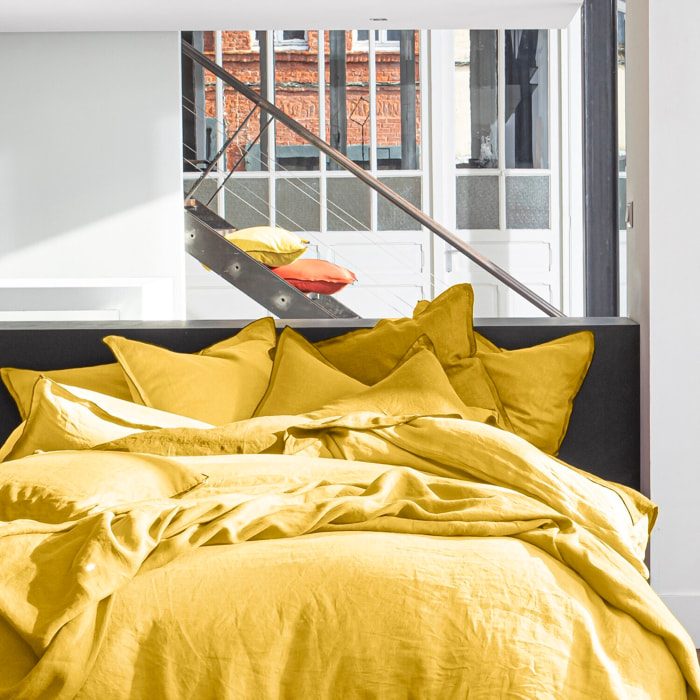 Housse de couette 100% lin lavé jaune paille