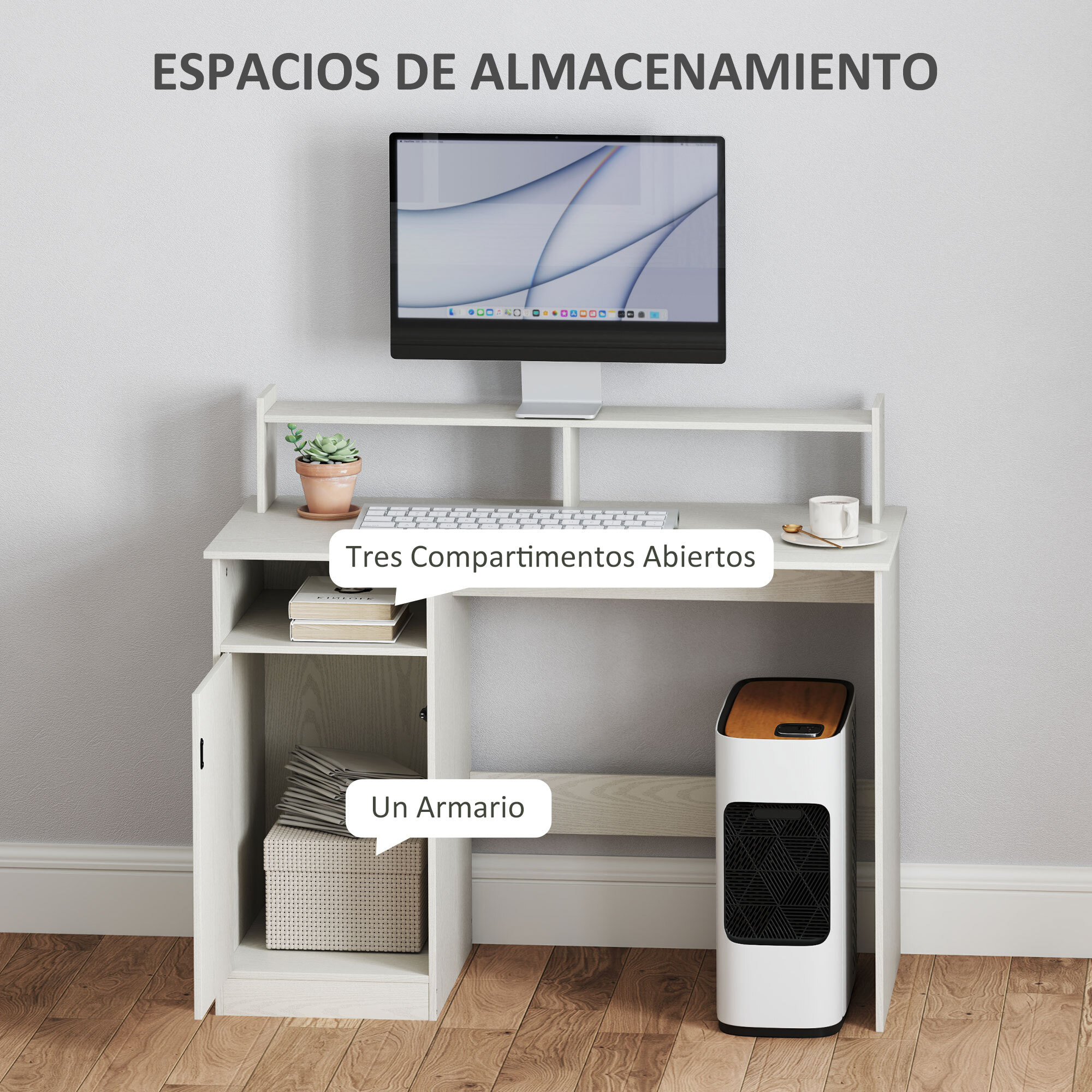Escritorio con Estantería Moderno Escritorio con Puerta Compartimentos Abiertos y Soporte para Monitor Mesa para Estudio Dormitorio Hogar Oficina 108x50x94 cm Crema