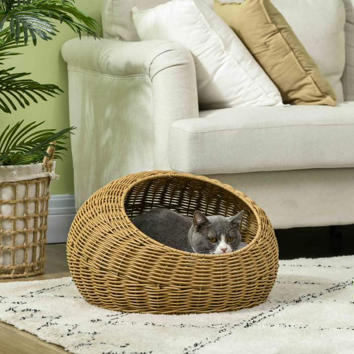 Niche pour chat lit pour chat panier de chat en résine tressée imitation rotin coussin doux déhoussable Ø 50 x 31H cm marron clair