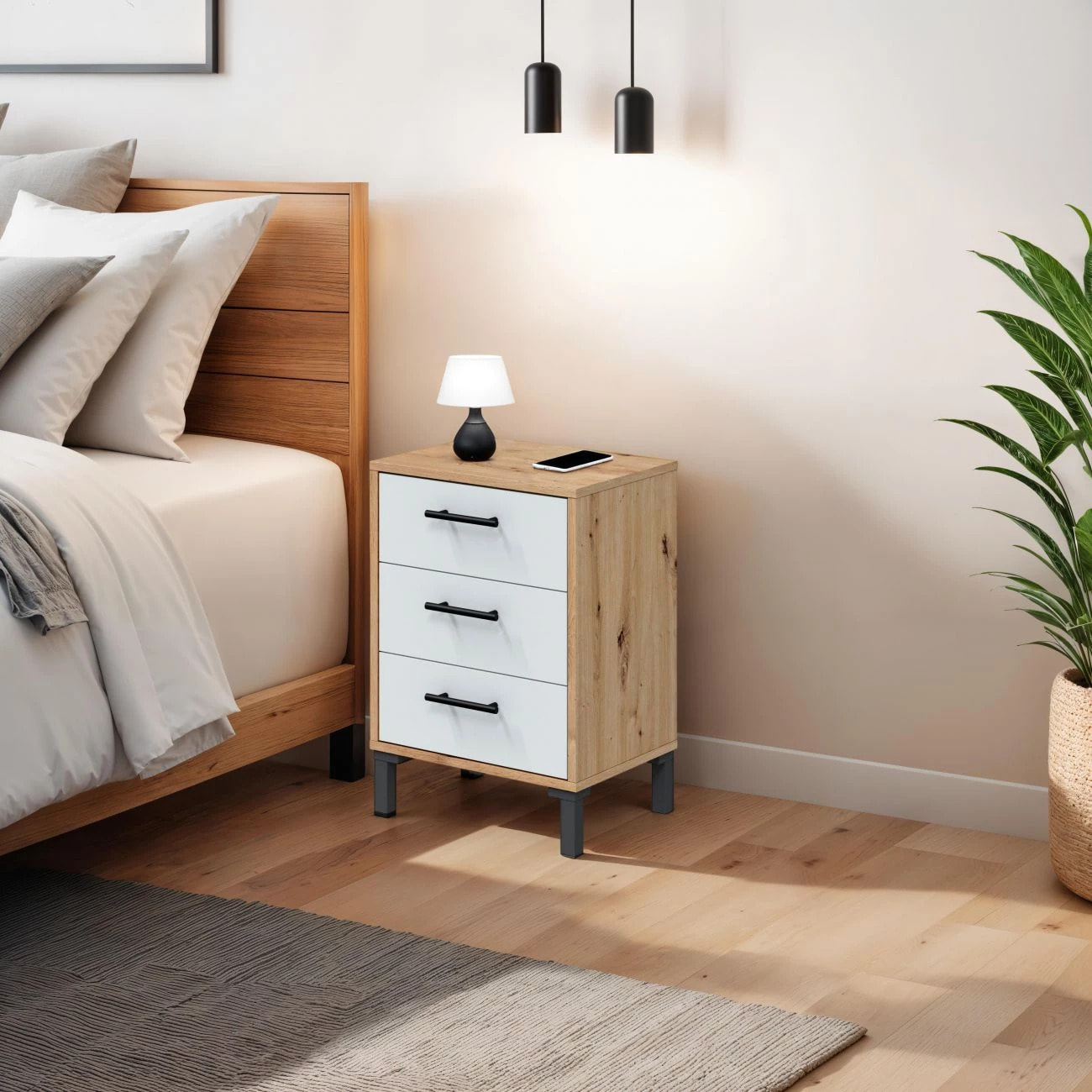 Mesita de noche de 3 cajones en blanco mate y roble nodi 40x33 cm Leia Blanco Artik (Blanco Mate) - Roble Nodi