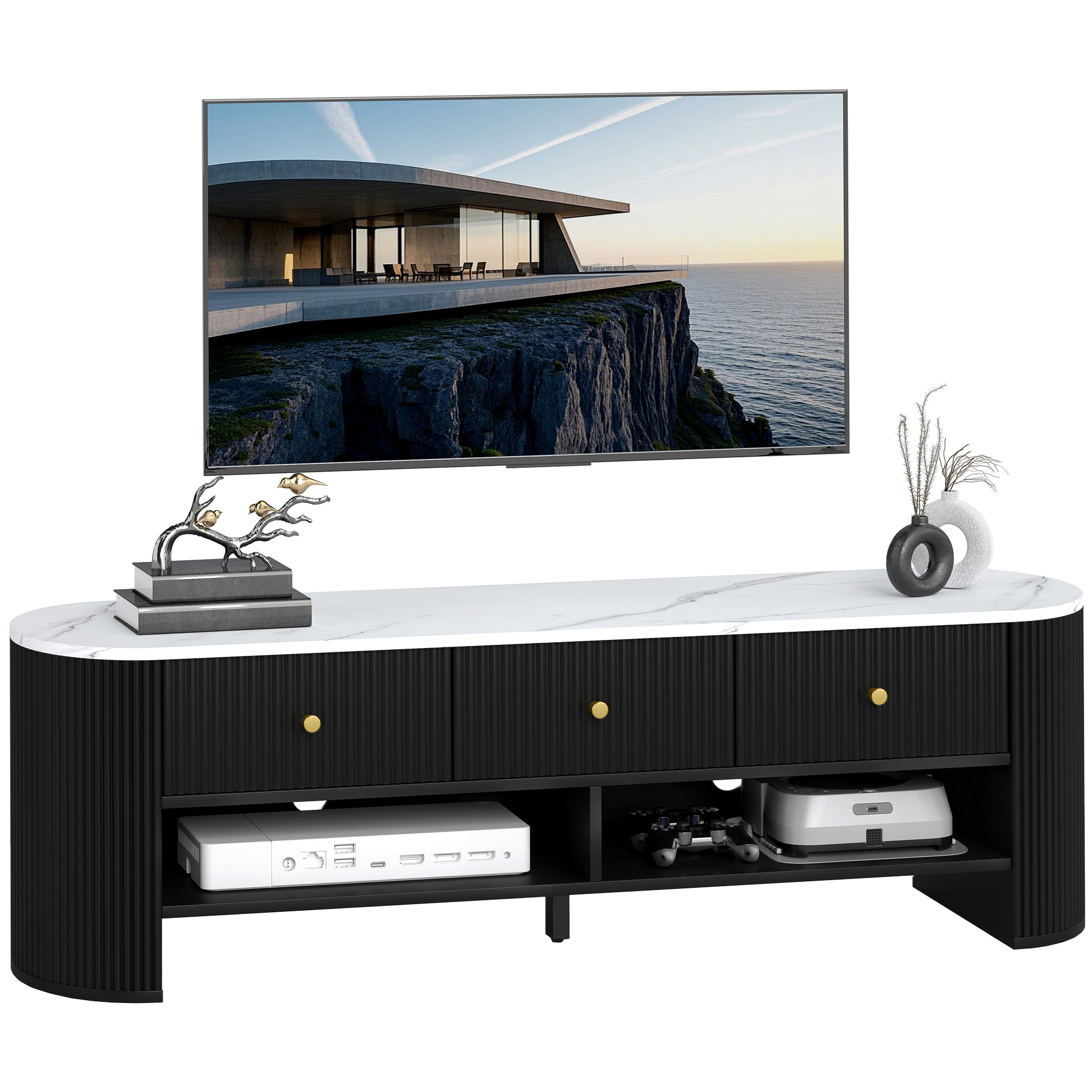 Meuble TV design ovale effet marbre blanc 140 x 40 x 43 cm 3 tiroirs 2 niches noir