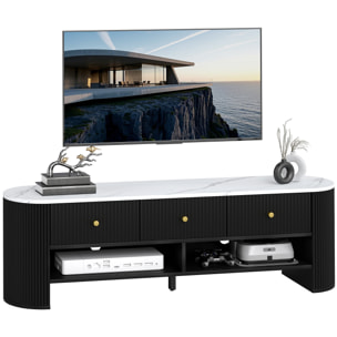Meuble TV design ovale effet marbre blanc 140 x 40 x 43 cm 3 tiroirs 2 niches noir