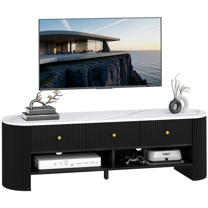 Meuble TV design ovale effet marbre blanc 140 x 40 x 43 cm 3 tiroirs 2 niches noir