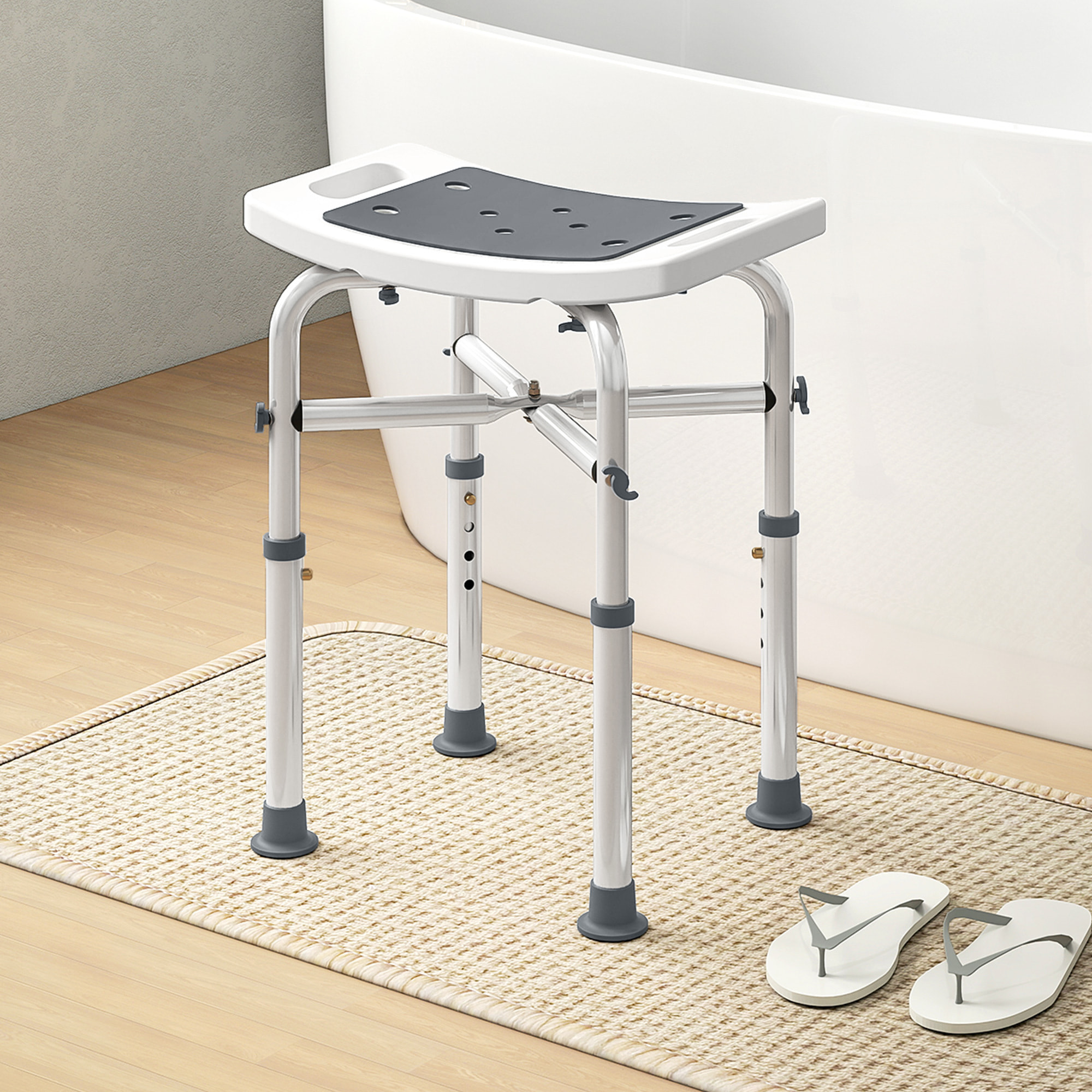 Siège de douche réglable en hauteur tabouret de douche ergonomique pieds antidérapants charge max. 150 Kg alu HDPE blanc gris