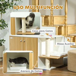 Mueble Arenero para Gatos 3 en 1 Nido Mesa Auxiliar Caja de Arena para Gatos con Puertas Cojín Poste para Rascar y Centro de Juegos para Salón Dormitorio 94x48x50,5 cm Roble y Blanco