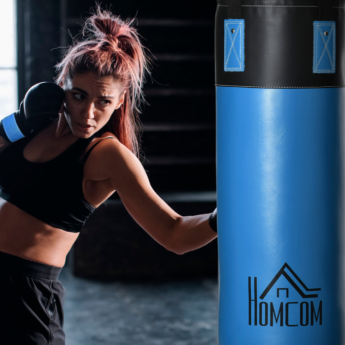 Saco de Boxeo Profesional Punching Bag con Guantes de 8 oz Gancho y Bolsa de Almacenaje Saco de Arena de Entrenamiento para Adultos y Adolescentes Ø25x102 cm Azul