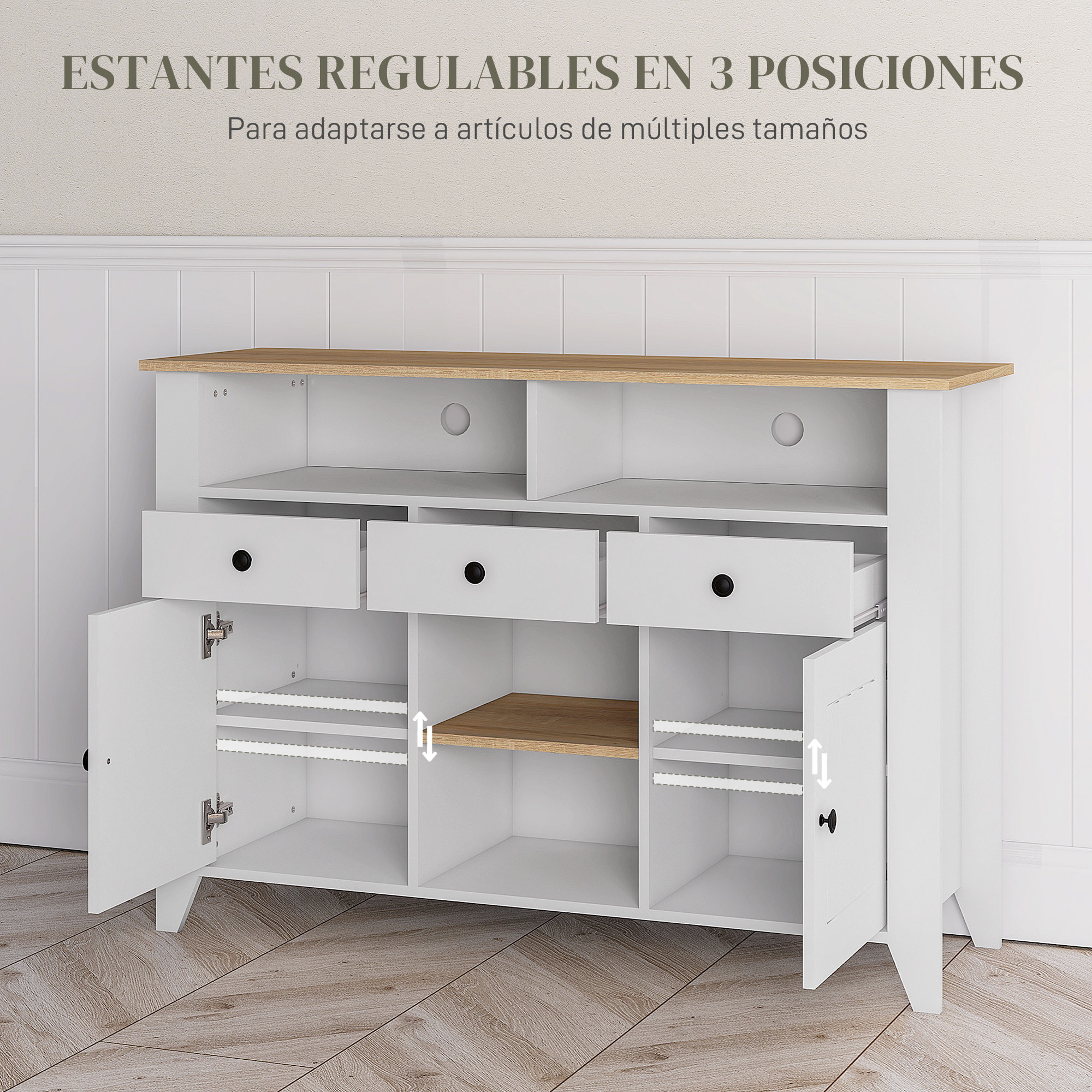 Aparador de Cocina Mesa para Televisores de 50 Pulgadas con 3 Cajones 2 Puertas 2 Estantes Abiertas y 2 Estantes Ajustables Estilo Moderno 120x38x81,5 cm Blanco