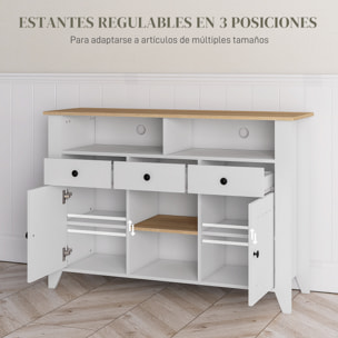 Aparador de Cocina Mesa para Televisores de 50 Pulgadas con 3 Cajones 2 Puertas 2 Estantes Abiertas y 2 Estantes Ajustables Estilo Moderno 120x38x81,5 cm Blanco