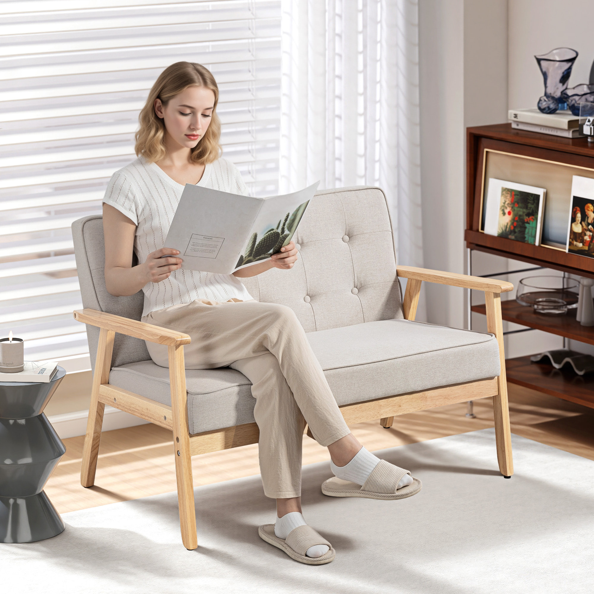 Sofá de 2 Plazas, Tapizado en Lino Sintético, Sofá Nórdico con Patas y Reposabrazos de Madera de Caucho, Respaldo Acolchado, para Salón, Dormitorio, Oficina, Sala de Estar, 113x67x78 cm, Beige