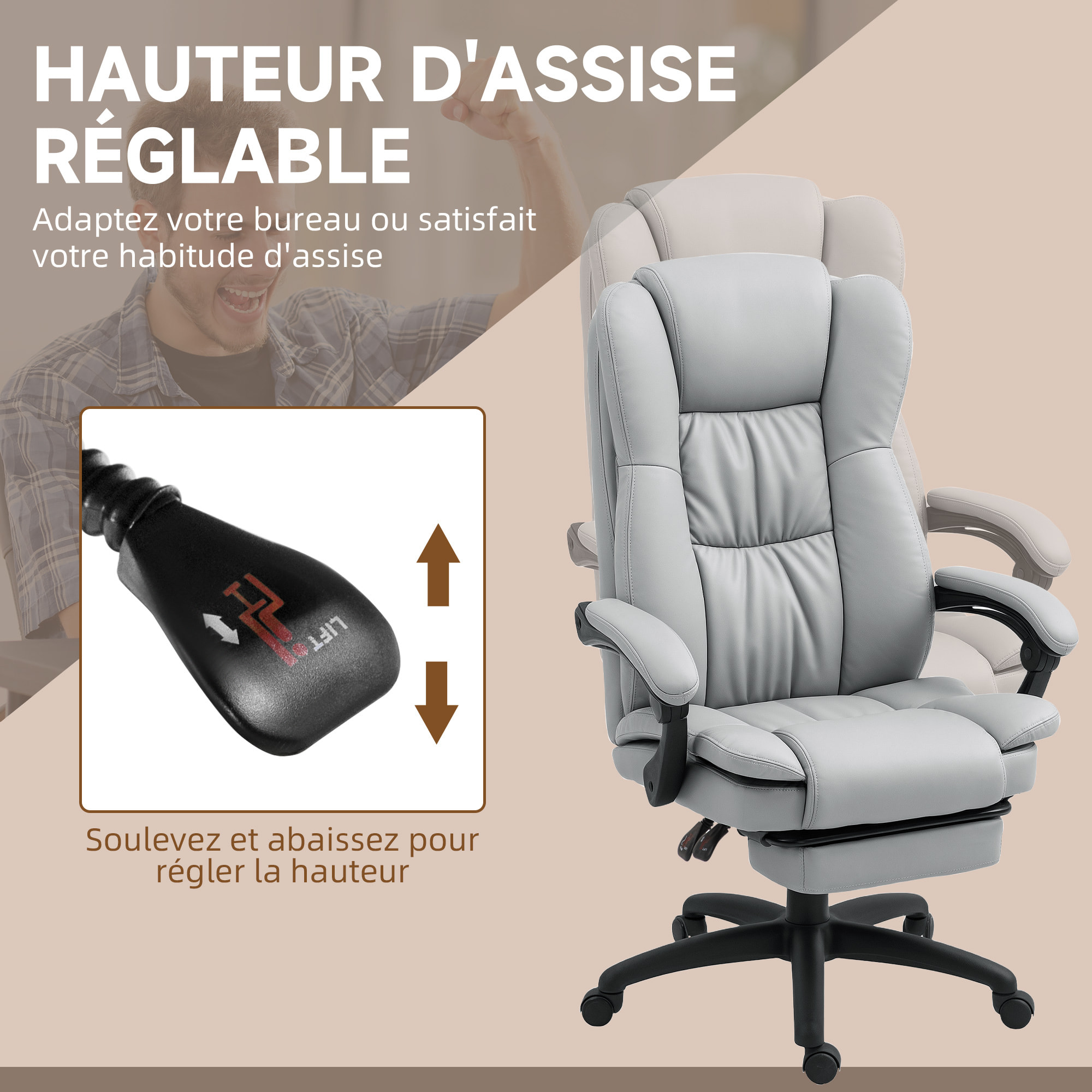 Fauteuil bureau massant inclinable réglable repose-pieds rétractable grand confort synthétique gris