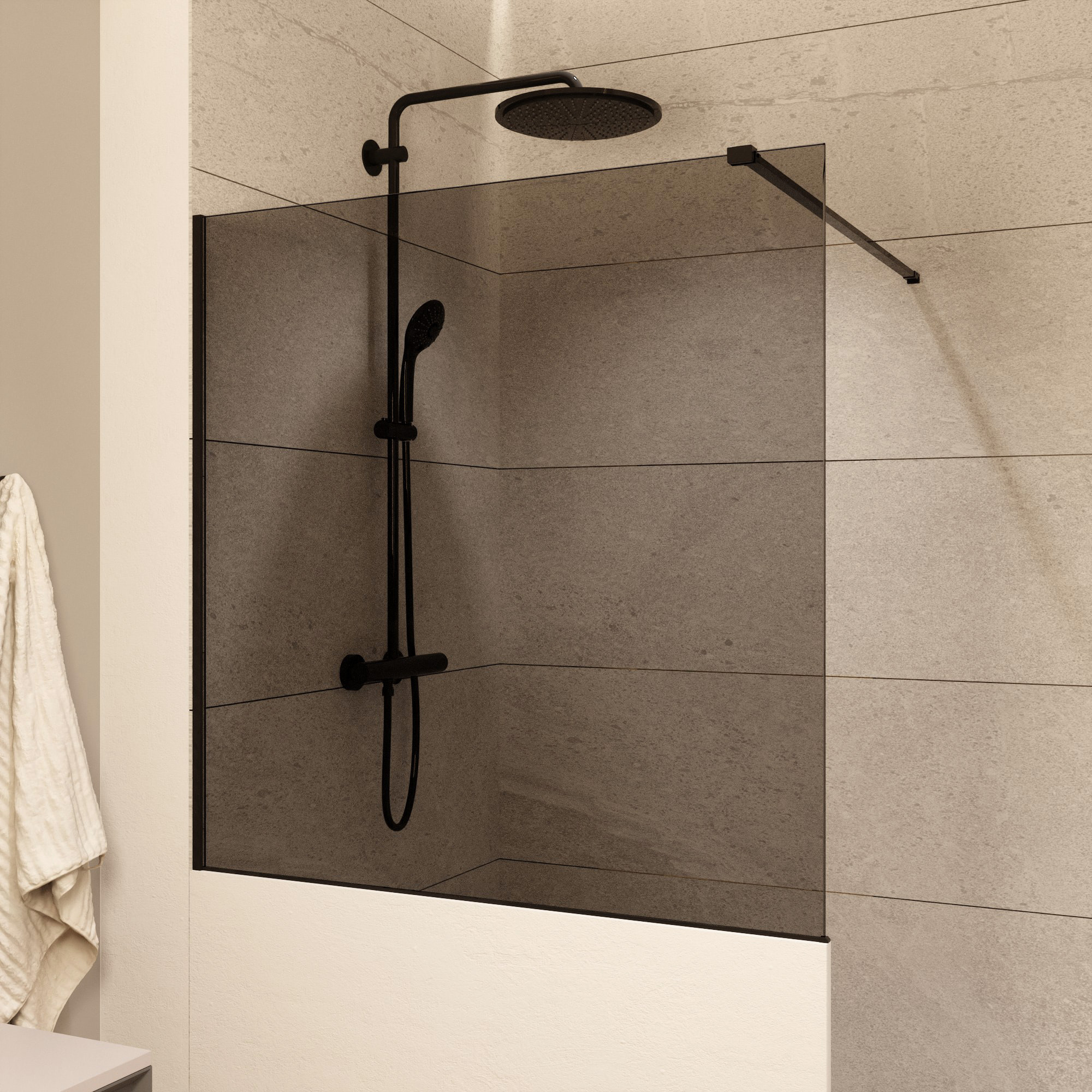 Pare-muret 100x90cm Paroi en verre Crystal Glass® 8 mm anticalcaire, avec bras et profilés noir mat (SATBWIS90KSPRC)