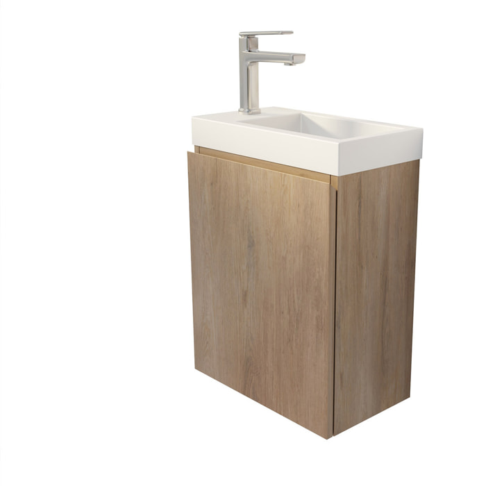 Meuble Lave Mains Décor Bois 40x50x22 cm avec Vasque en SMC Blanche - ELEMENTARY