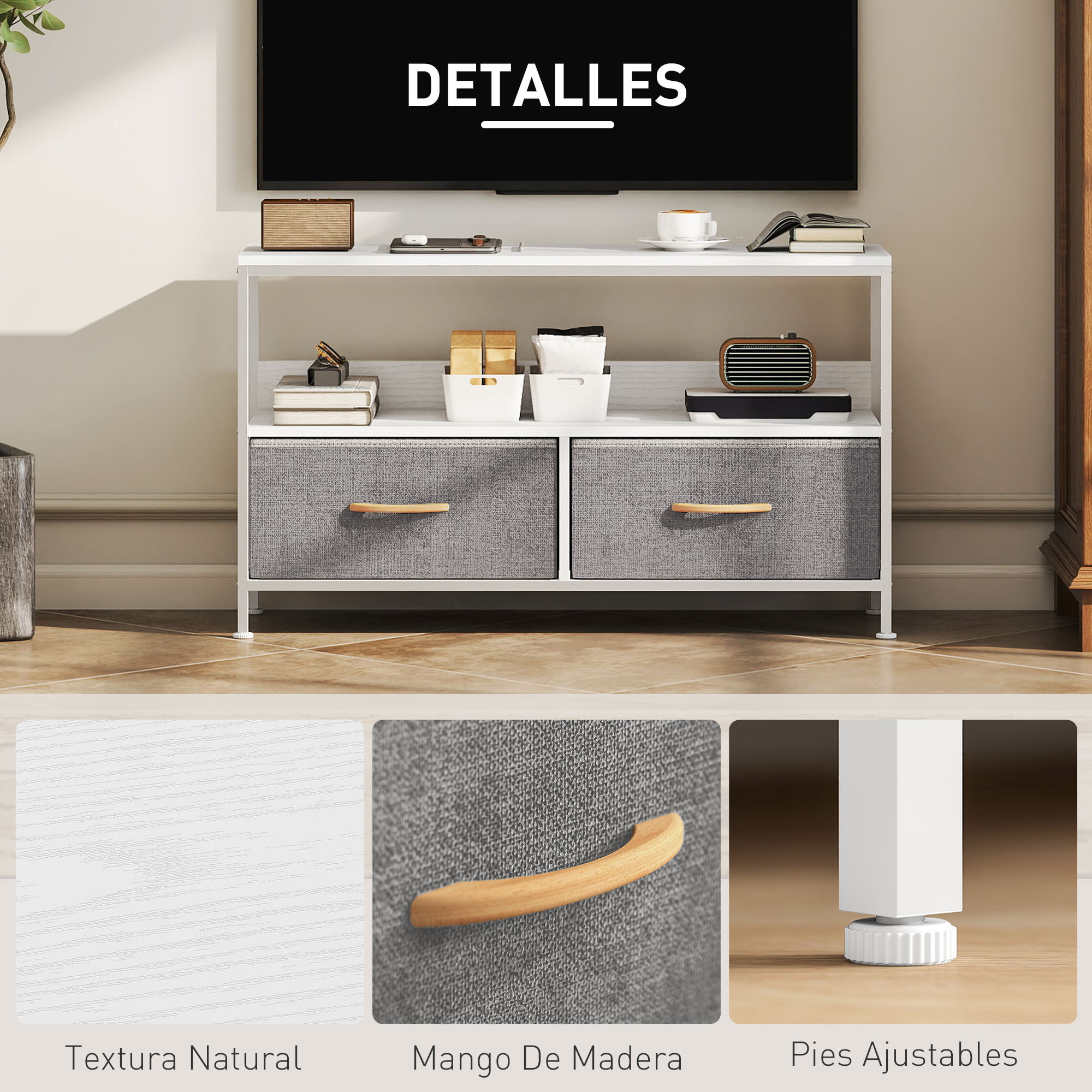 Mueble de TV, Mesa de TV con Estante y 2 Cajones de Tela Plegables, para Televisores hasta 47 Pulgadas, Largo de 98 cm, para Salón, Dormitorio, Blanco y Gris