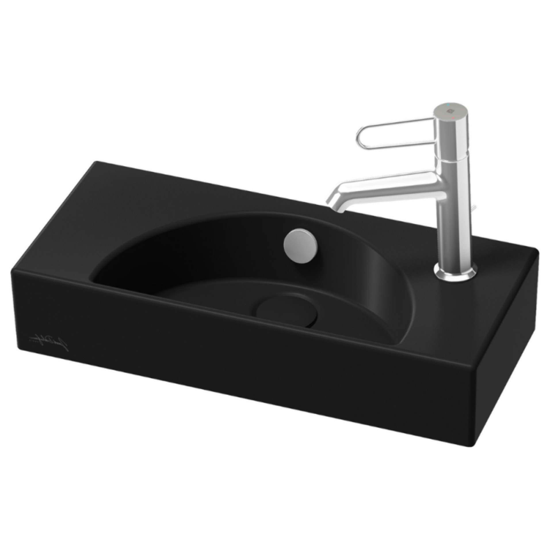 Lave-mains compact 50 cm Odéon Rive Gauche 1 trou de robinetterie à droite Noir satiné avec bonde