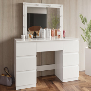 Toeletta Tavolino Da Trucco Tavolo 10 Luci LED Luminosità Regolabile Specchio Orizzontale Con 7 Cassetti Postazione Make Up 39.5x110x140.5 Cm Bianco