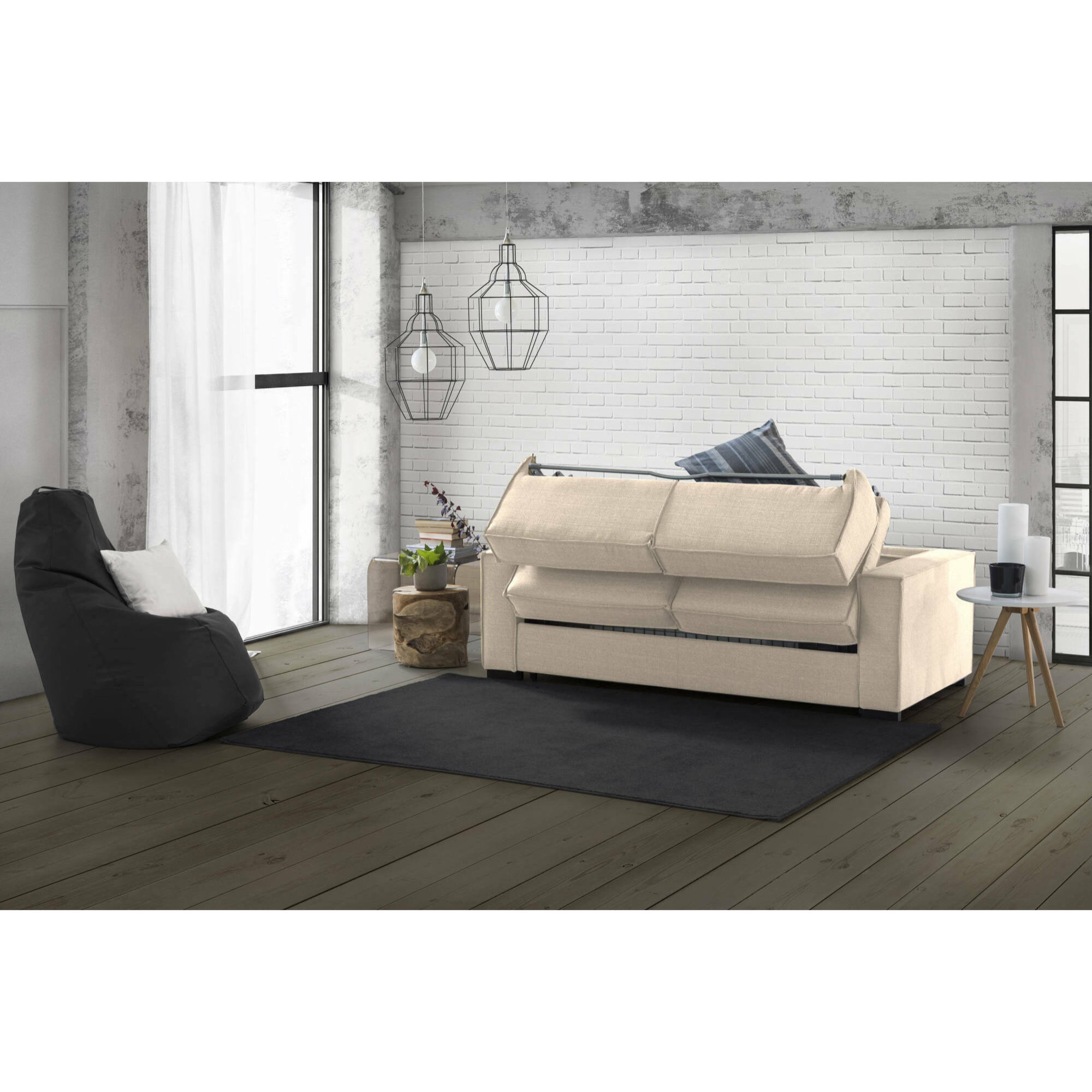 Divano letto con penisola Albenga, Sofà apertura girevole, Penisola contenitore Sinistra, Braccioli slim, 100% Made in Italy, Cm 260x95h90, Beige