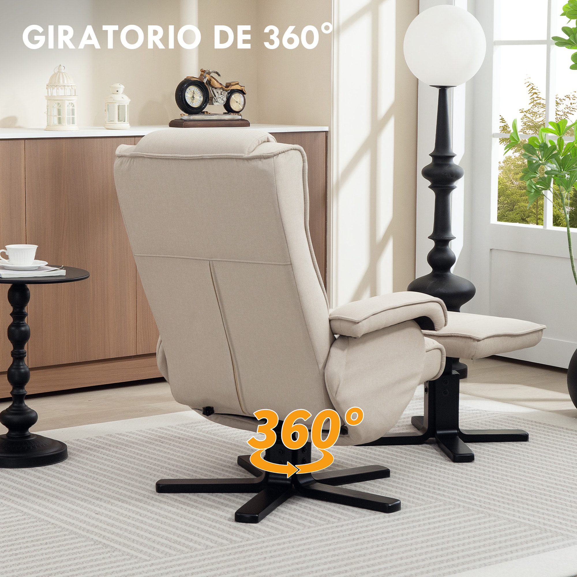Sillón Relax Reclinable con Reposapiés Butaca de Salón Giratoria Tapizado en Lino con Base de Madera Función Basculante Butaca para Dormitorio Sala de Estar Beige
