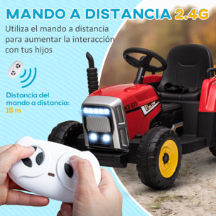 Tractor Eléctrico con Remolque Desmontable Coche Eléctrico para Niños 3-6 Años con Control Remoto Música MP3 Pantalla Luces y Cinturón de Seguridad 136,5x50x52,5 cm Rojo