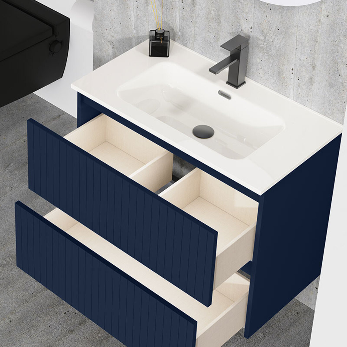 Ensemble de Salle de Bain Miya | 80 cm Bleu | Deux Tiroirs | Lavabo Encastré | N'inclut pas le Miroir | Alday