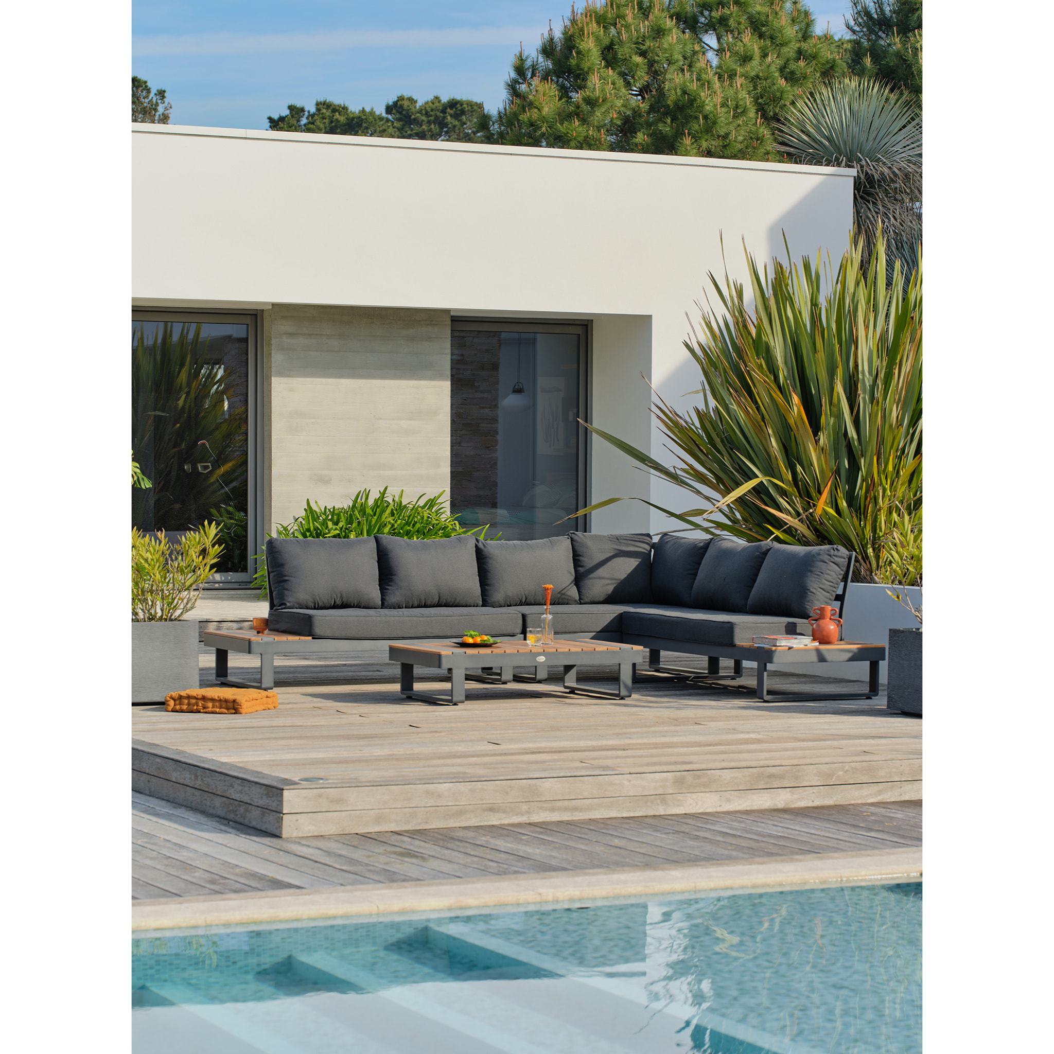 ALICANTE - Salon de jardin d'angle 6 places en teck et aluminium gris anthracite