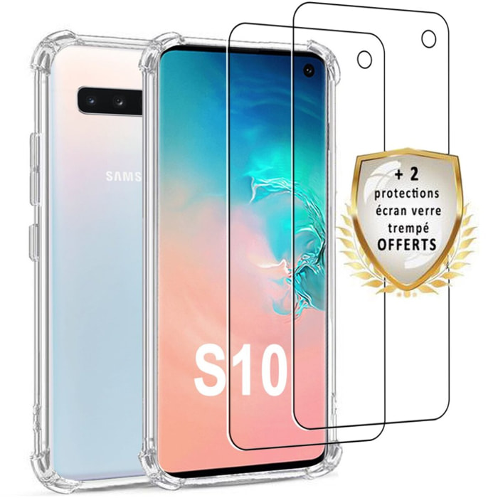 Coque Samsung Galaxy S10 Silicone Souple + 2 Vitres en verre trempé Protection écran