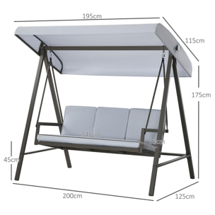 Outsunny Columpio de Jardín de 3 Plazas Balancín Exterior Jardín con Toldo Ajustable Cojines Extraíbles y Estructura de Acero 200x125x175 cm Gris