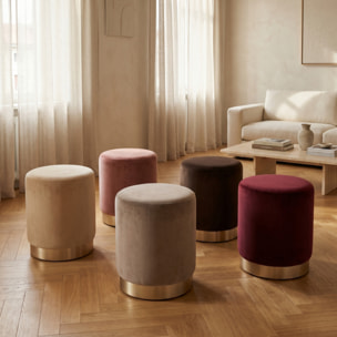 Pouf cilindrico in velluto con base dorata, sgabello imbottito elegante e resistente, seduta compatta salvaspazio, ideale per salotto camera ingresso e toeletta, design moderno glamour e versatile