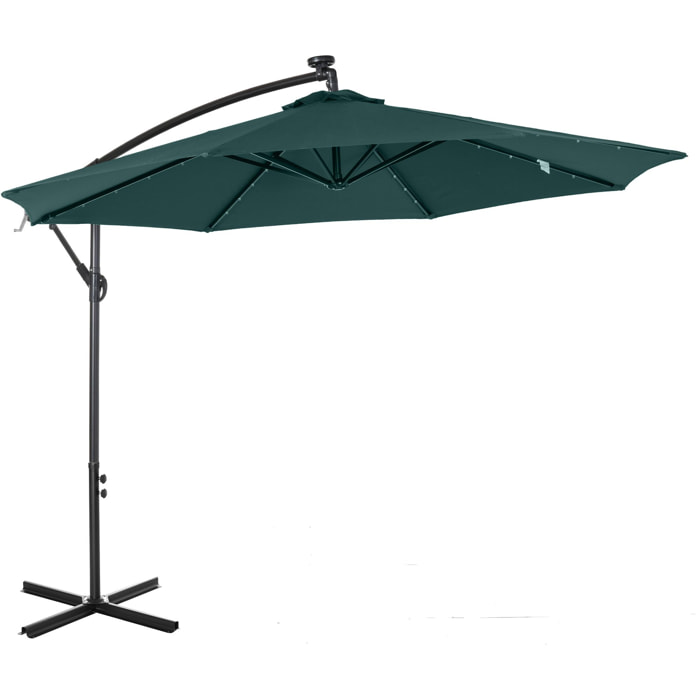 Parasol déporté octogonal parasol LED inclinable manivelle piètement acier dim. Ø 3 x 2,6H m vert