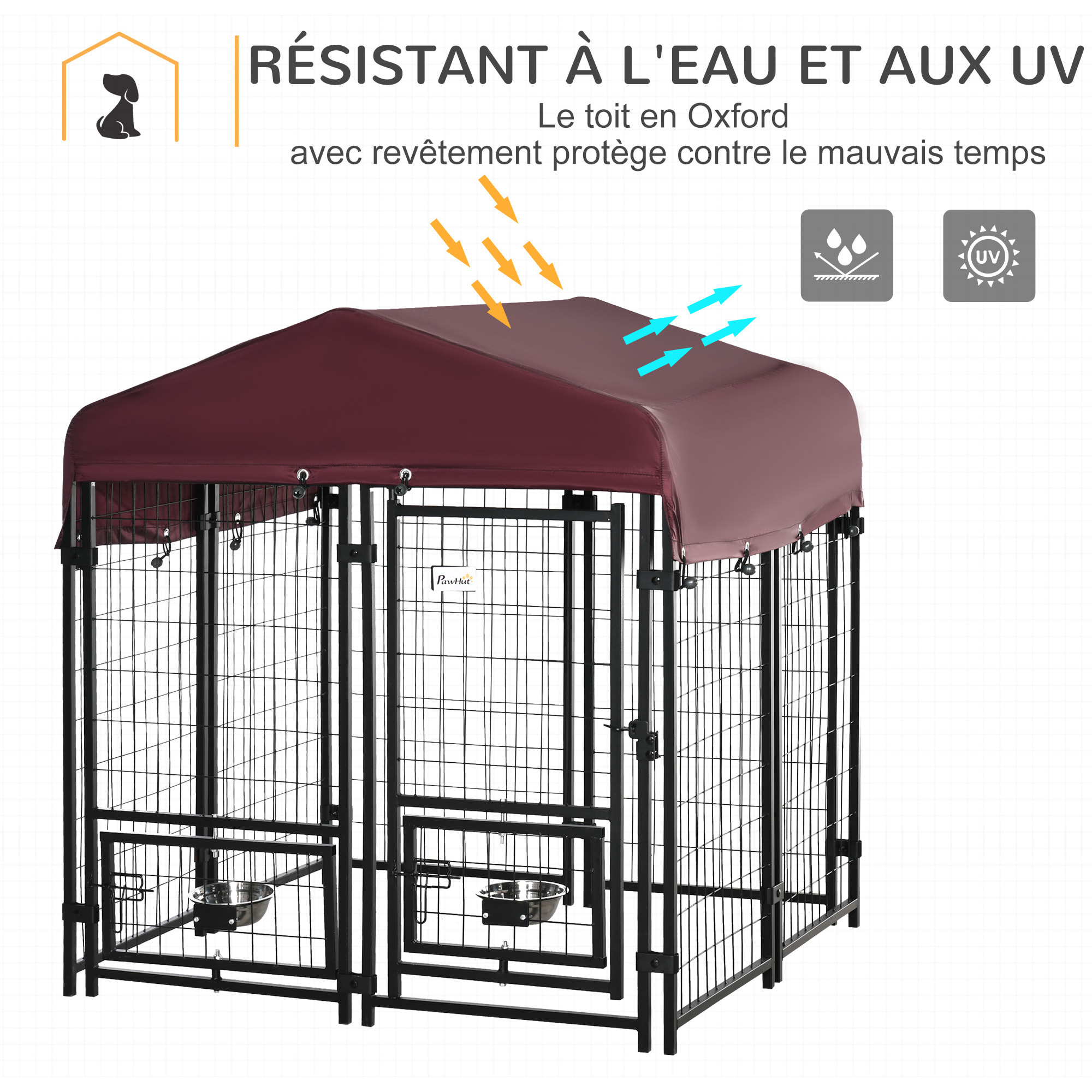 Chenil extérieur pour chien - cage chien - enclos chien - toile toit imperméable anti-UV, porte verrouillable, 2 bols rotatifs - acier noir oxford pourpre