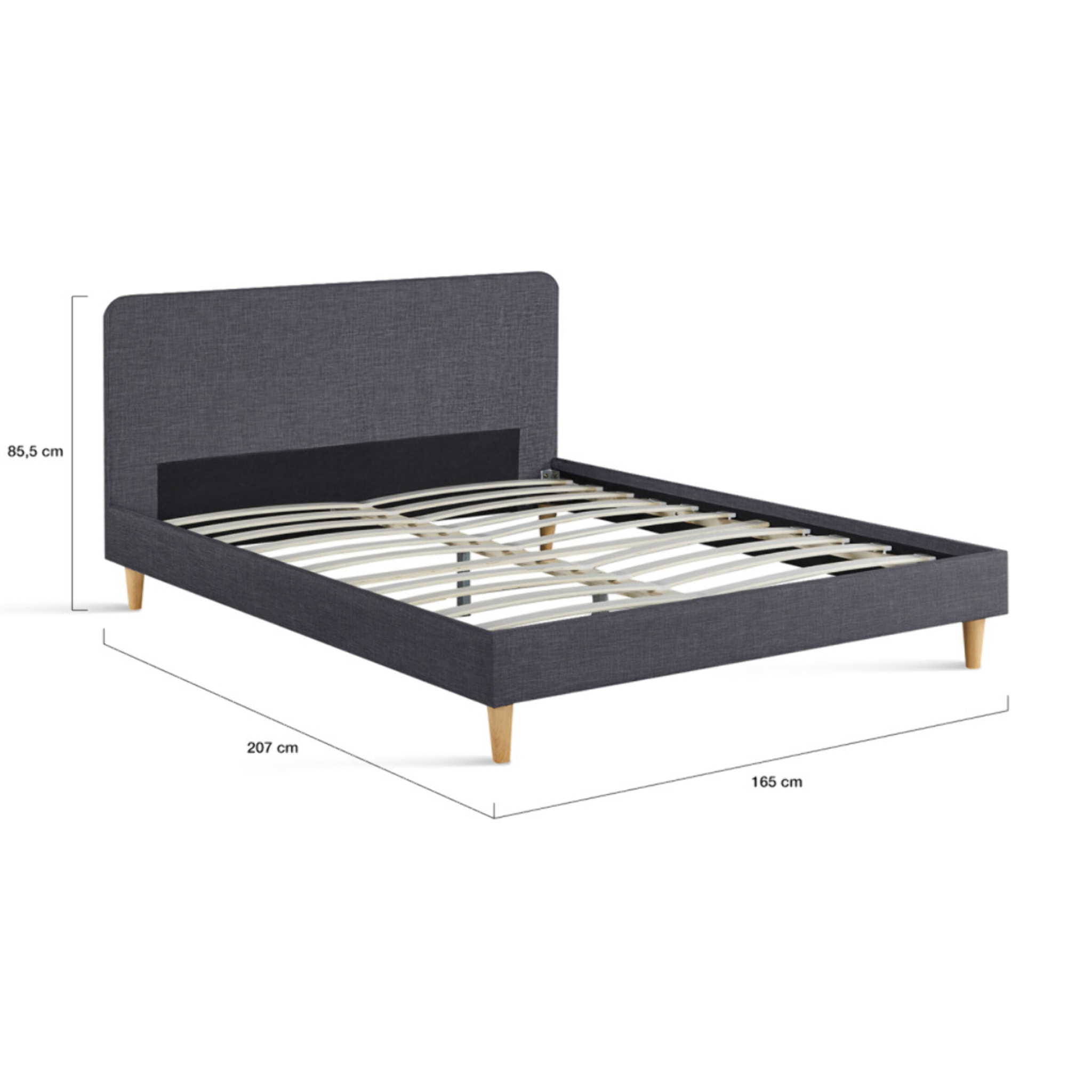 Lit Evy 160x200cm tissu gris pieds bois