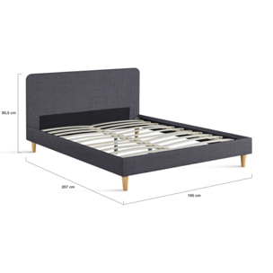 Lit Evy 160x200cm tissu gris pieds bois